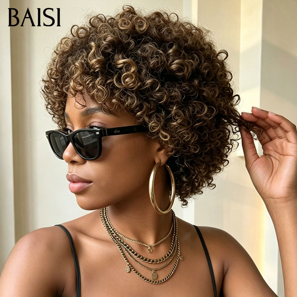 BAISI Perruque Pixie Curly Wave Couleur Marron Mixte 4/30# Sans Lace Sans Colle Facile à Porter Toute en Beauté en 100% Cheveux humains
