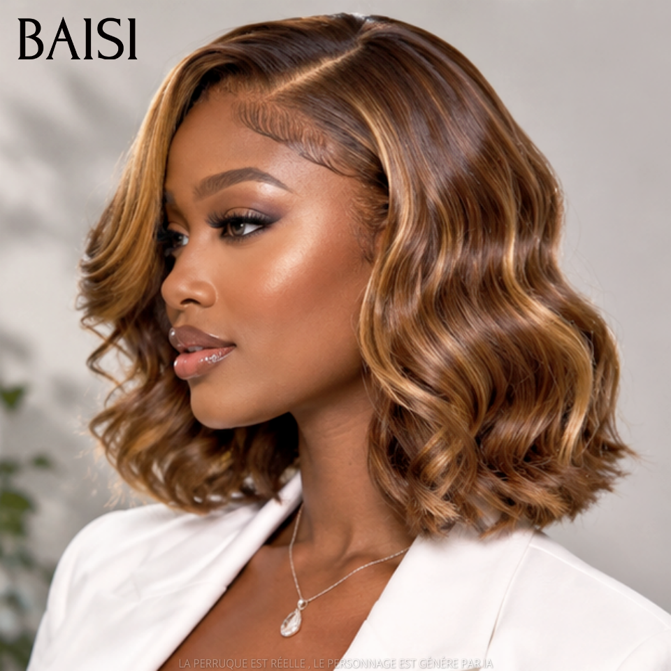 BAISI Perruque Bob Ondulé 13x4 Lace 12 Pouces 78€ en couleur Marron Mixte Miel En 100% Vrais Cheveux Humains FR38