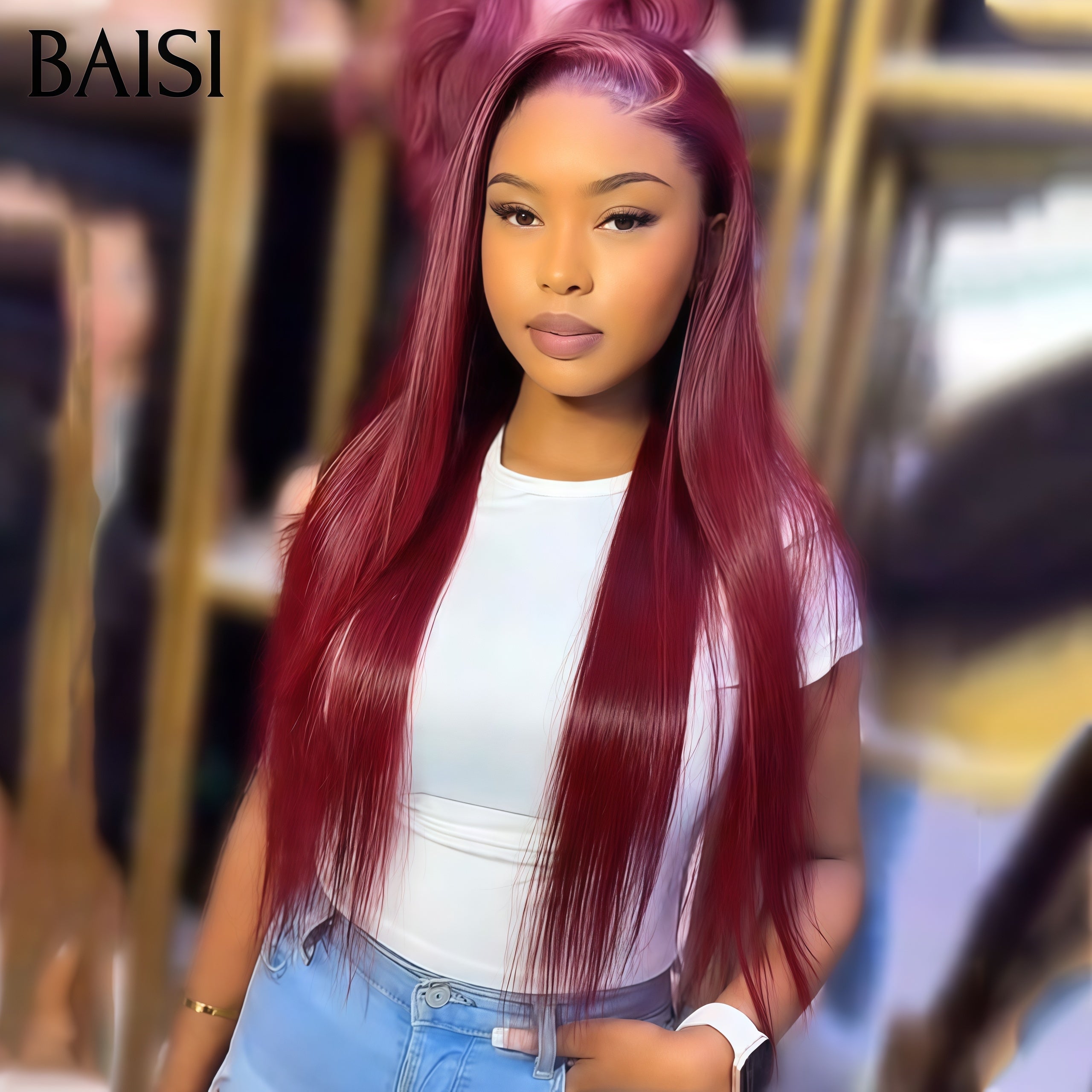 BAISI 13x4 Lace Frontal Perruque Rouge Bordeaux 99J# Lisse C-Part Lisse en 100% Cheveux Humains