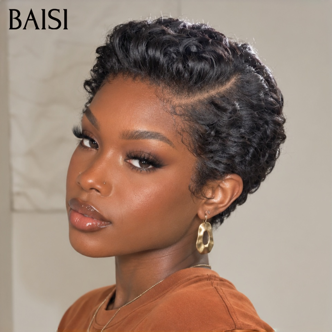 BAISI 13x4 Lace Perruque Pixie Wave Noir 68€ Prête A Porter Meilleure Perruque de Vacances Pas Chèr en 100% Cheveux humains
