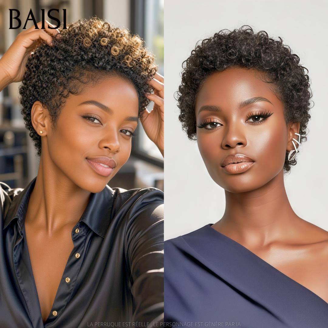 BAISI Lot de 2 Perruques Pixie Curly Noir et Miel Noir 79€ Sans Colle Sans Lace Simple et Confortable en 100% Cheveux humains