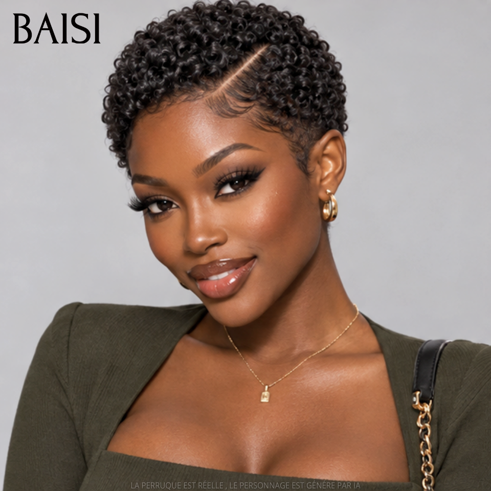 BAISI Full Lace Perruque Pixie Courte Curly Différentes Couleurs au Choix Excellente Qualité en 100% Cheveux humains
