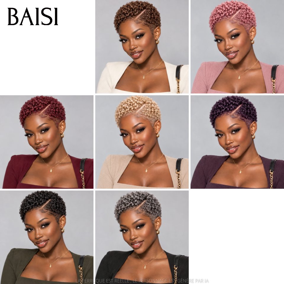 BAISI Full Lace Perruque Pixie Courte Curly Différentes Couleurs au Choix Excellente Qualité en 100% Cheveux humains