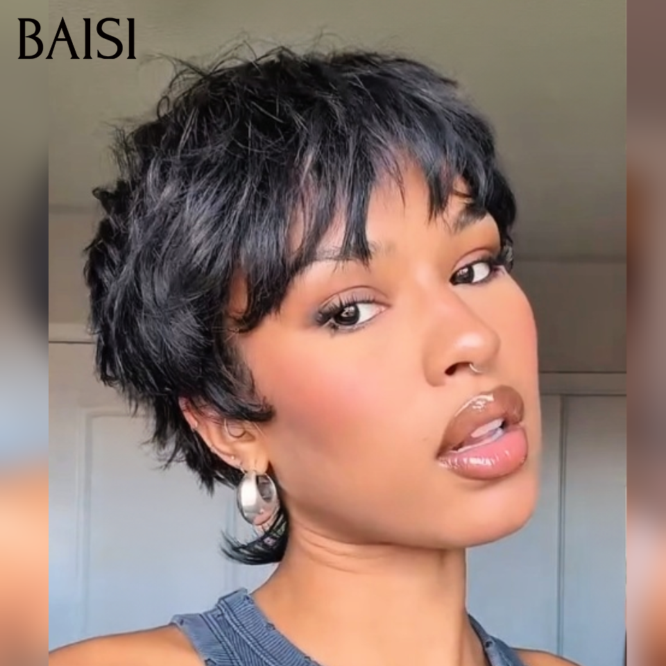 BAISI Lot 2 perruques Pixie Courte Lisse noir 1B# + Curly Marron Clair 1B/33# Petit Prix Fou 66€ Seulement Sans colle Sans Lace en 100% Cheveux Humains