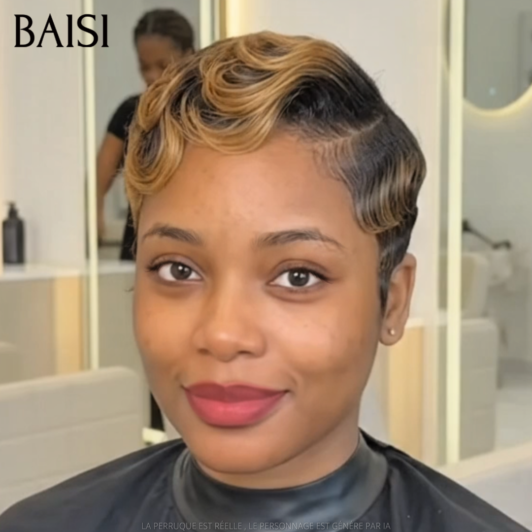 BAISI 13x4 Lace Perruque Déjà Coiffée Pixie Wave Couleur Miel et Noir 1B/27# 98€ Ravissante en 100% Cheveux humains