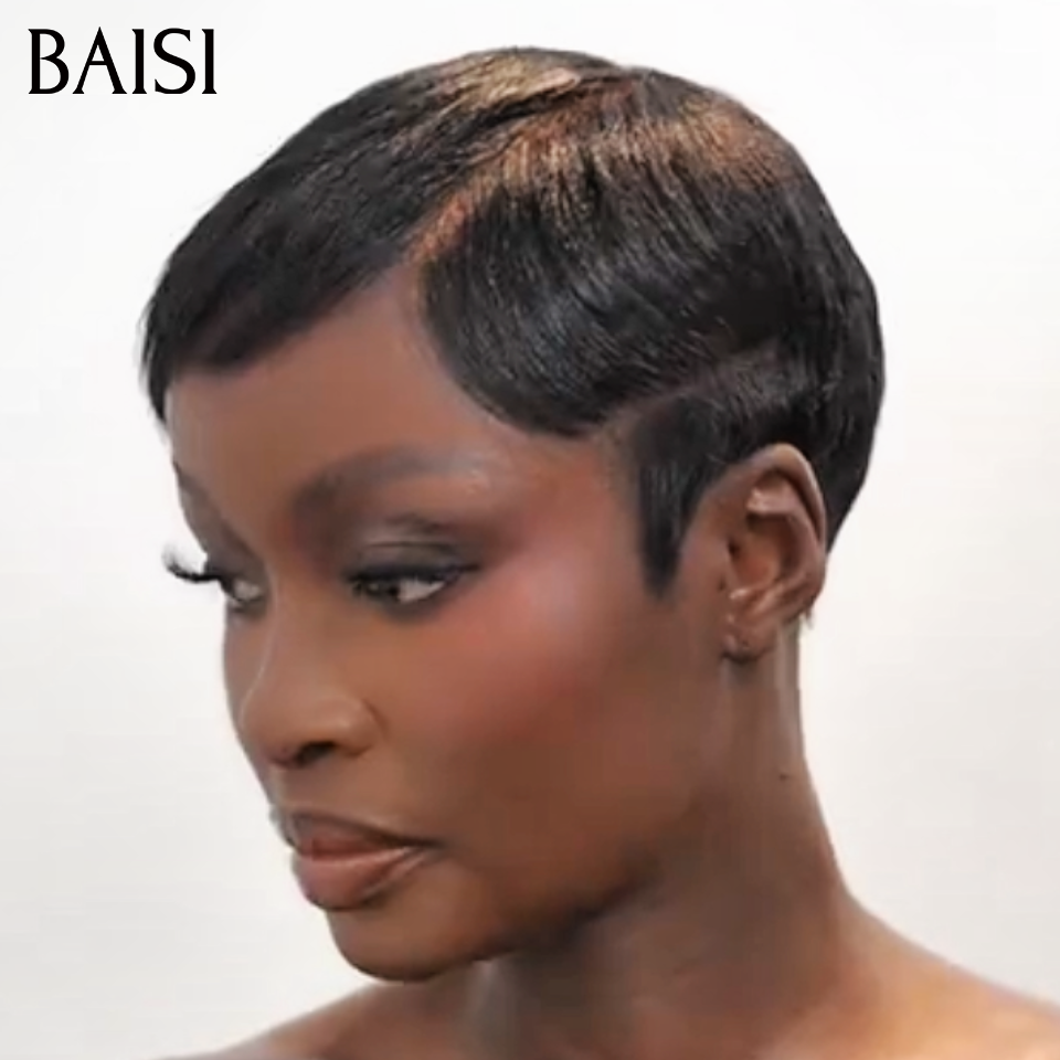 BAISI Perruque Full Lace Pixie Lisse Noir 129€ Ultra Confortable et Contre Chaleur Ou Perruque BOB kinky curly Bandeau Frisée Curly Fabriquée A La Machine sans lace sans colle 75€ En 100% Cheveux Humains