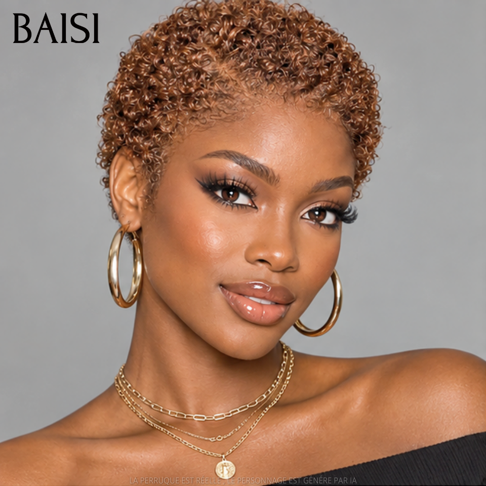 BAISI Full Lace Perruque Pixie Courte Crépus Coiffée 138€ Couleur Marron Glacé #33 Super A la Mode et Sexy en 100% Cheveux humains