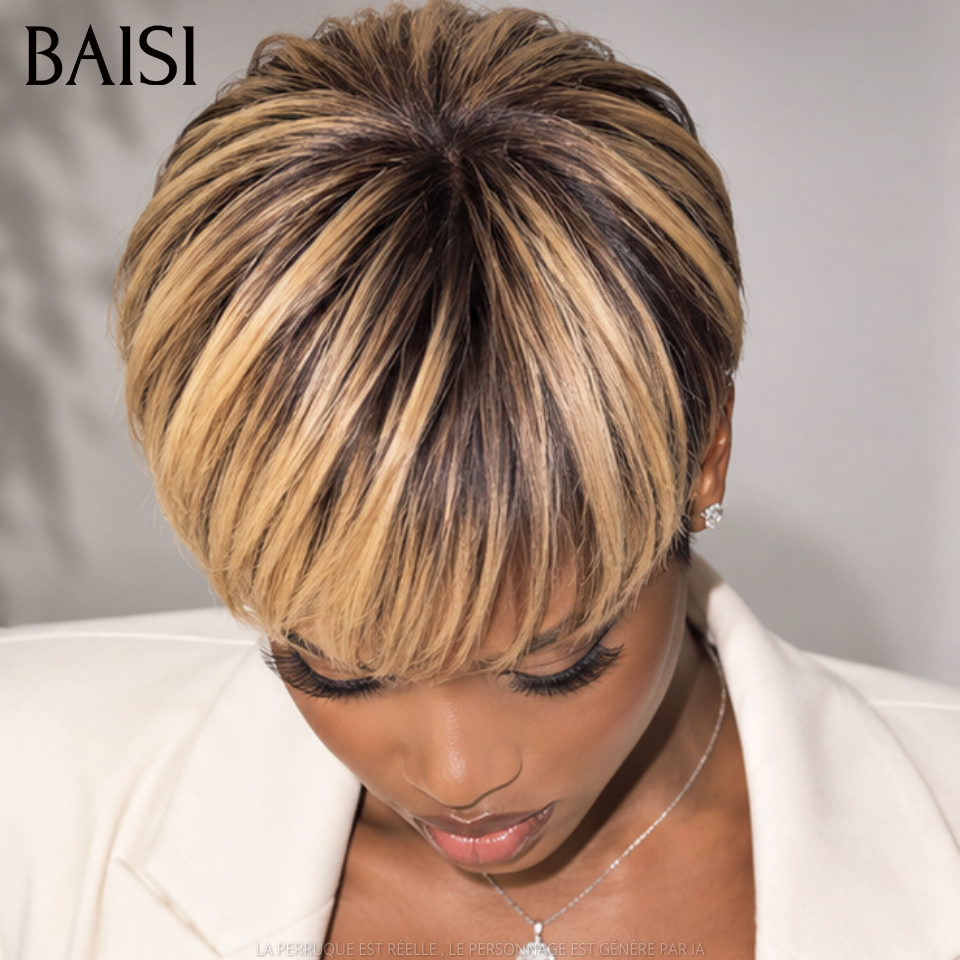 BAISI Perruque Pixie Lisse petite coupe fabriqué à la machine moitié prix 65€ en couleur 1B#4#/27# En 100% Cheveux Humains MP50