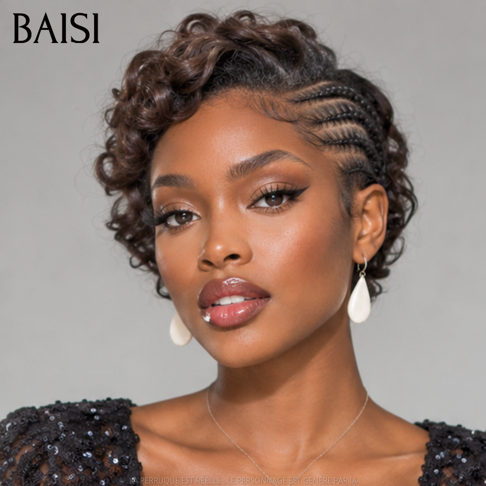BAISI 13x4 lace frontal pixie Perruque avec coiffure tressée natte 78€ promotion en 100% Cheveux Humains Comme la photo