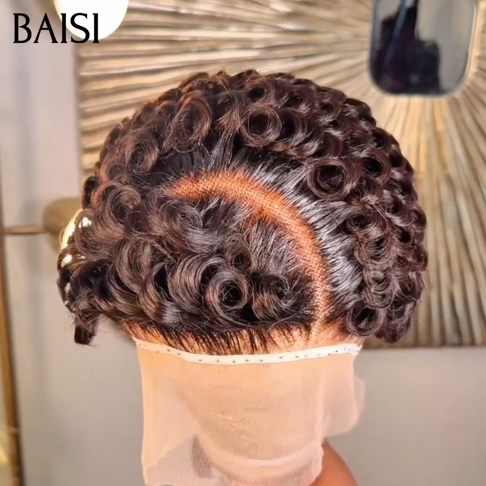 BAISI 13X4 lace Coupe Pixie Curly Wave Noir ou Pixie Lisse Couleur Marron Raie Bien Définie Look Parfait en 100% Vrais Cheveux Humains