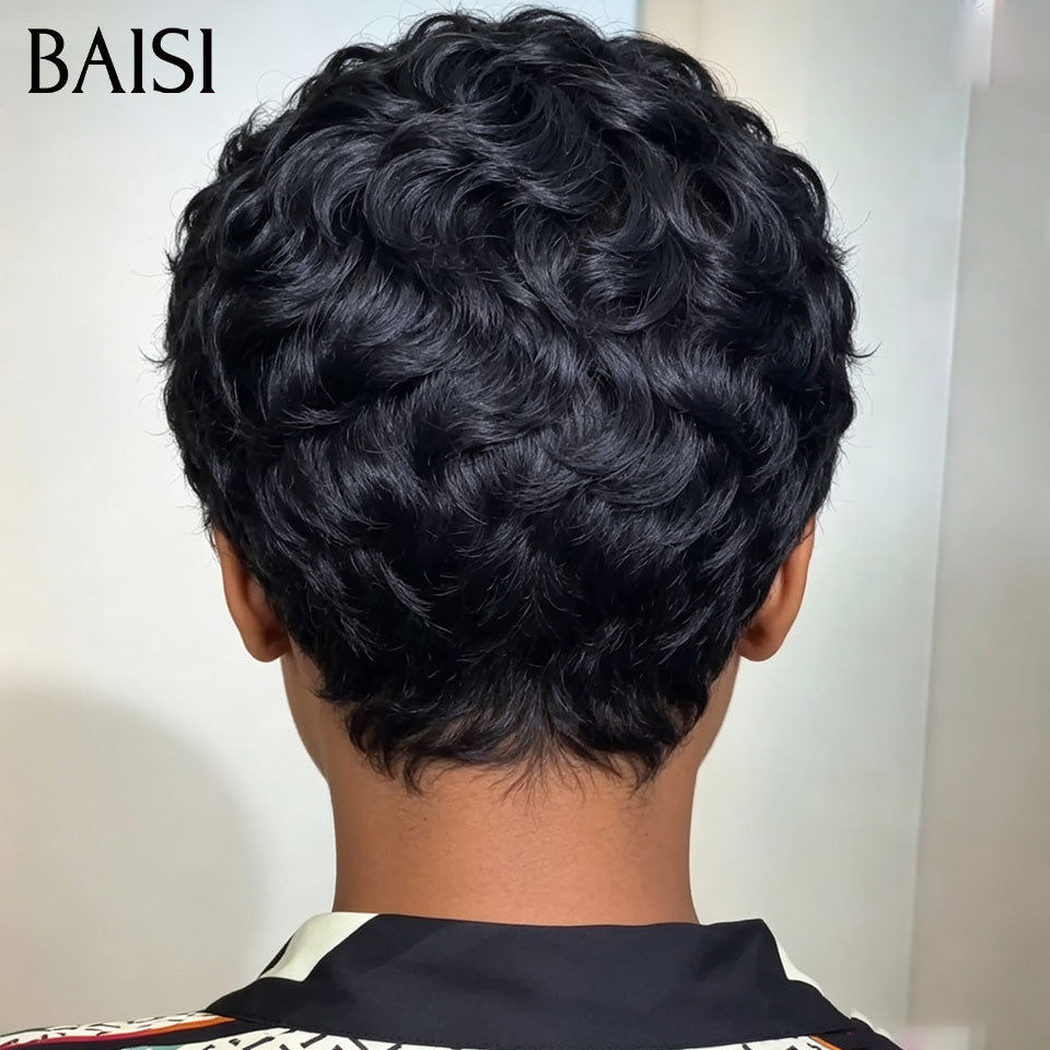 BAISI Perruque Pixie Courte Ondulée Wave Couleur Noir 1B# 50€ Seulement Sans Colle Sans Lace Pour Débutantes en 100% Cheveux humains