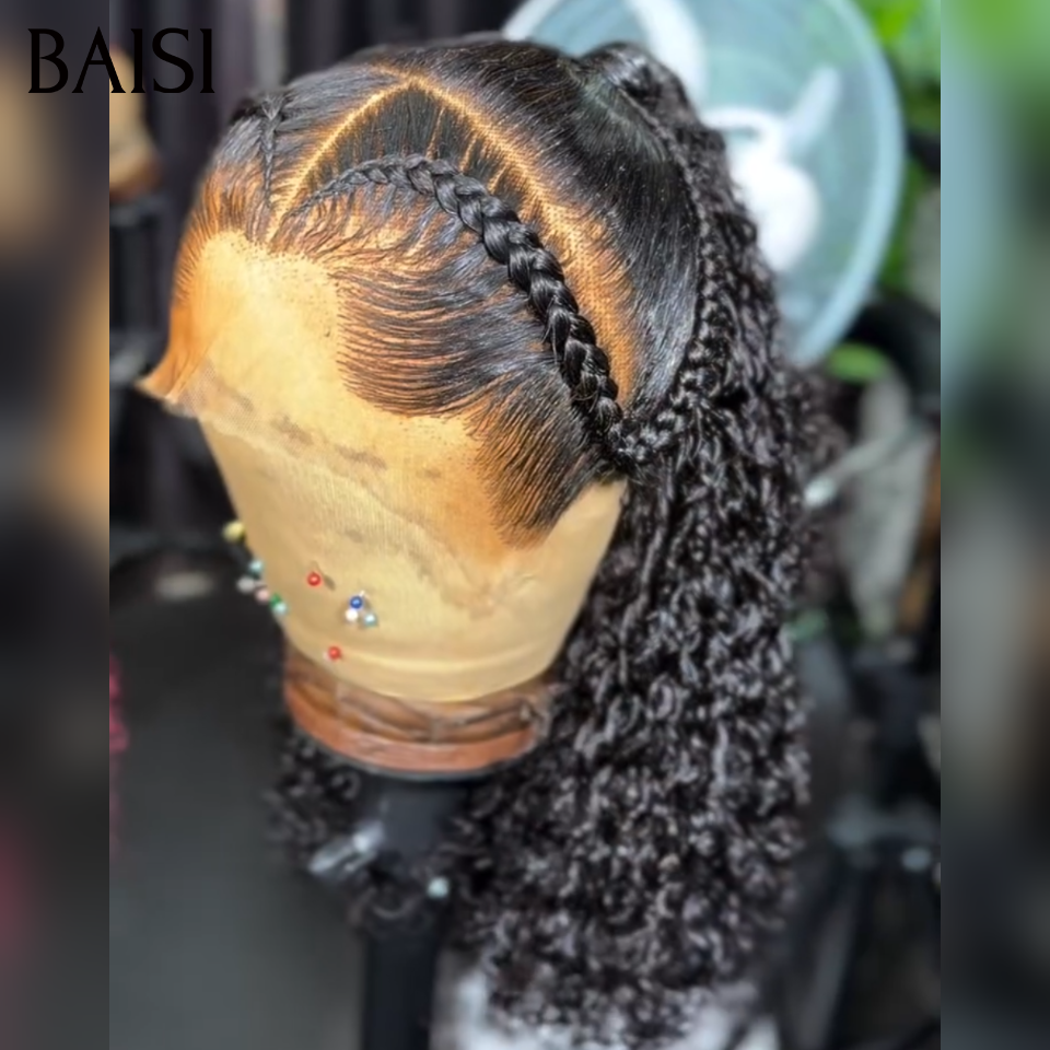 BAISI 13x4 Lace Perruque Coiffée Bouclée Curly En Nattes Rampantes Couleur Noir 1B# ou Rouge Bordeaux 99J# Deja Prête A Porter en 100% Cheveux humains