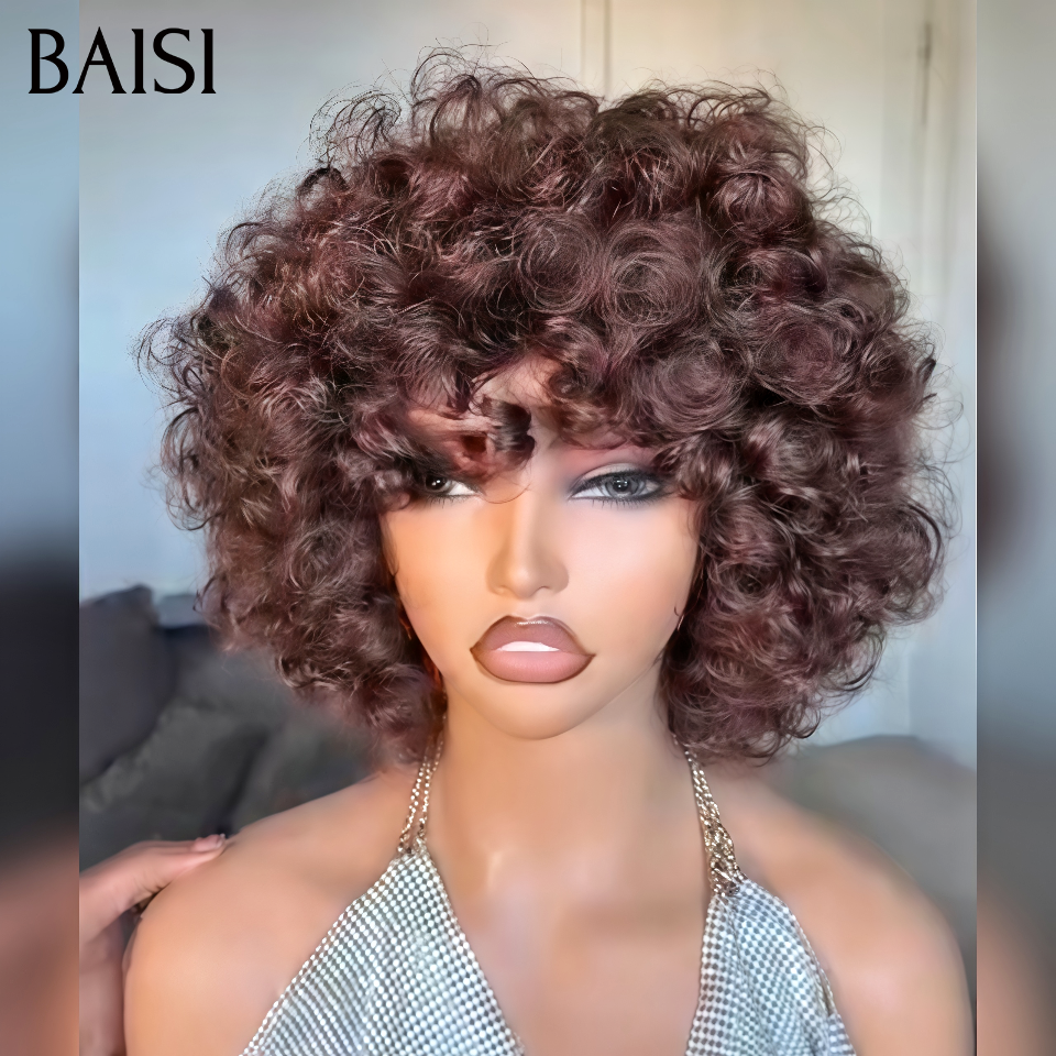 BAISI Perruque Boucle Egg Wave Marron 4# 12Pouces 76€ Seulement Sans Colle Sans Lace Très Pratique au Quotidien en 100% Cheveux Humains