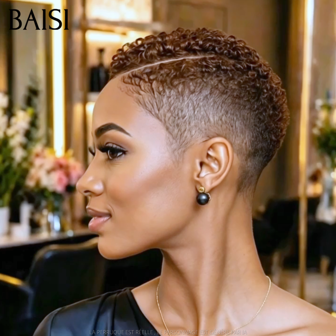 BAISI Full Lace Perruque Pixie Courte Afro Déjà Coiffée Couleur Marron 4# 135€ Naturellement élégante en 100% Cheveux humains