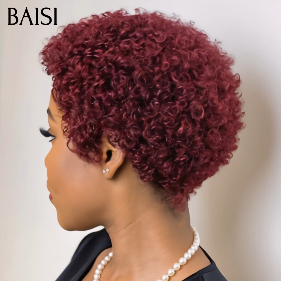 BAISI Pixie Afro Curl Rouge Bordeaux 99J# Prix Cassé 45€ Modèle Sans Colle Sans Lace Facile à Porter En 100% Cheveux Humains