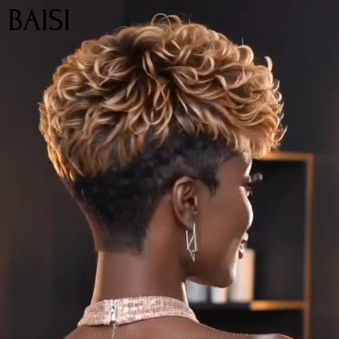 BAISI Perruque Pixie Bouclée Curly Noir et Marron 1B/4# 69€ Sans Colle Sans Lace Style Crinière en 100% Cheveux humains