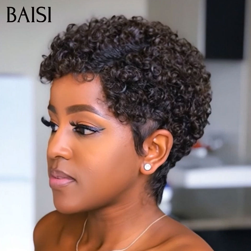 BAISI Perruque pixie afro curly wave OFFRE FLASH Sans Lace Sans Colle 45€ NOIR Petite boucle craquante en 100% Cheveux Humaind