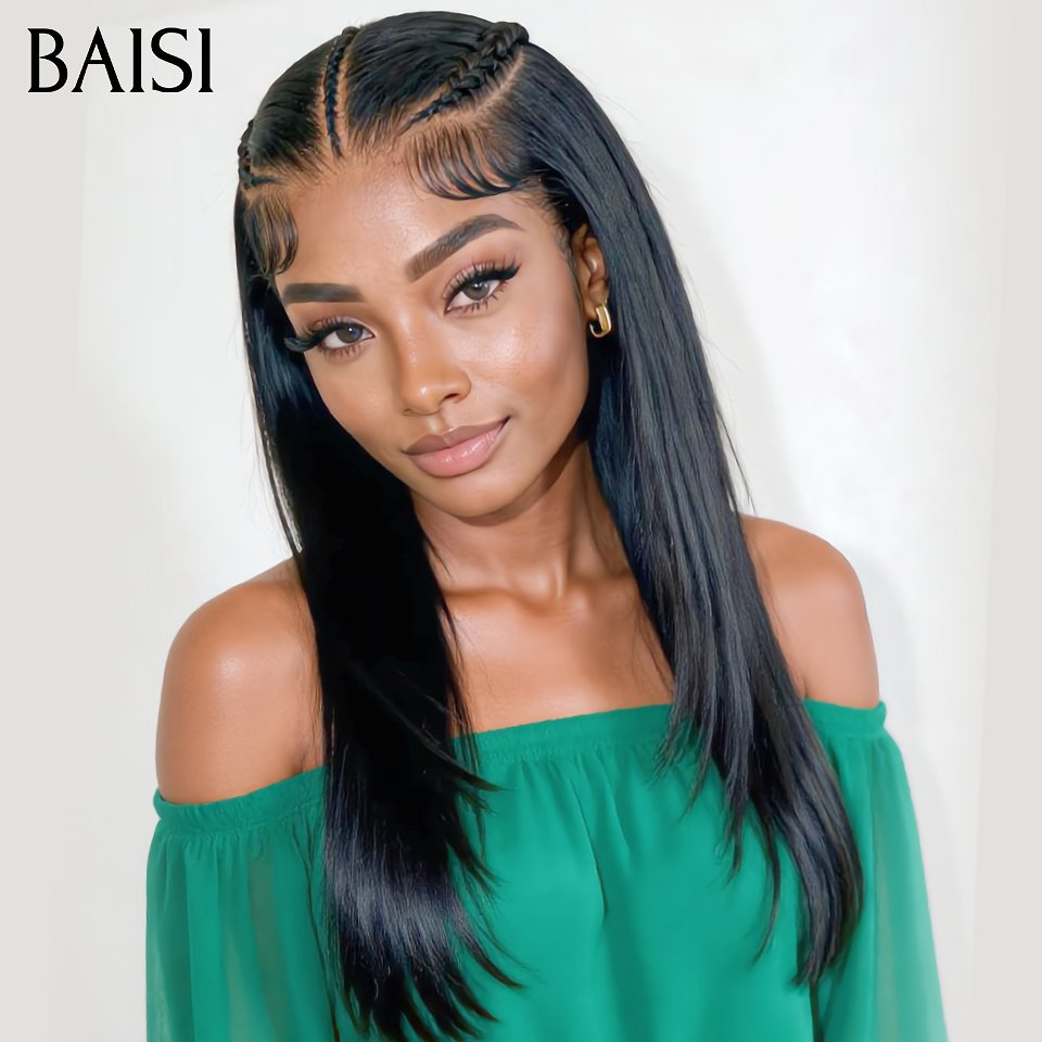 BAISI 13x4 Lace Perruque Coiffée 100% Vietnam Hair Lisse SDD Bone Straight Nattes Tri-Courbes Coiffure de Princesse Couleur Noir 1B# Deja Prête A Porter en 100% Cheveux humains