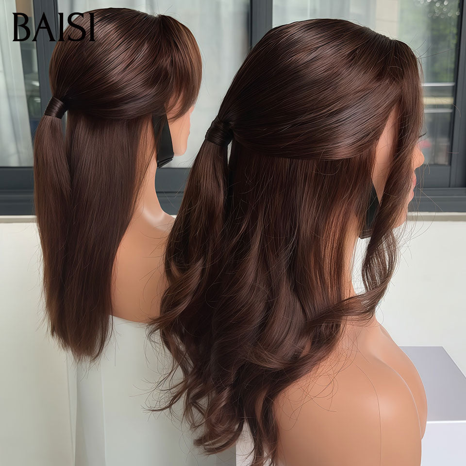 BAISI 2x6 Lace Perruque Coiffée Lisse ou Ondulée Au Choix Couleur Marron 4# 16Pouces 100% Vietnam Hair SDD Bone Straight TOP Grade en 100% Cheveux humains