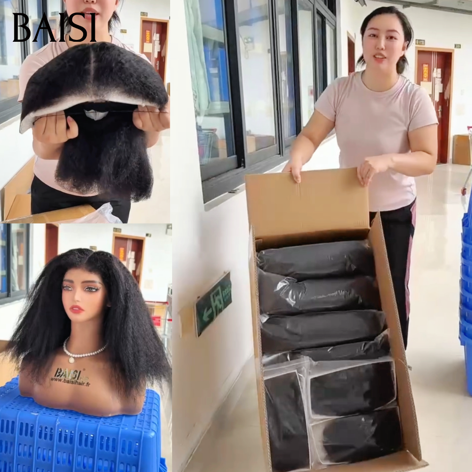 BAISI 13x4 Lace Perruque Bob 4C Hairline Sans Colle Kinky Straight Cheveux Crépus Taille 8-14Pouces Couleur Noir 1B# Prête A Porter Résultat Ultra Naturel en 100% Cheveux humains