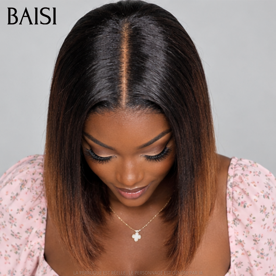 BAISI 4X4 Perruque Bob Lisse En Miel 1B/#4 Pré-plucked Pas Besoin de Colle en 100% Raw Hair Lace déjà couper