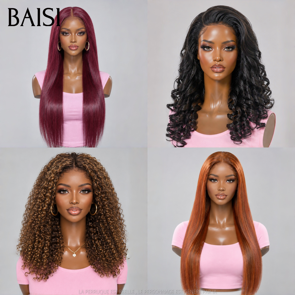 BAISI 13x4 Lace Lot de 4 Perruques Longues 300€ Couleurs Noir Rouge et Marron Et Marron Glacé Différentes Textures 18Pouces Récommandation Spéciale Petit Business en 100% Cheveux humains