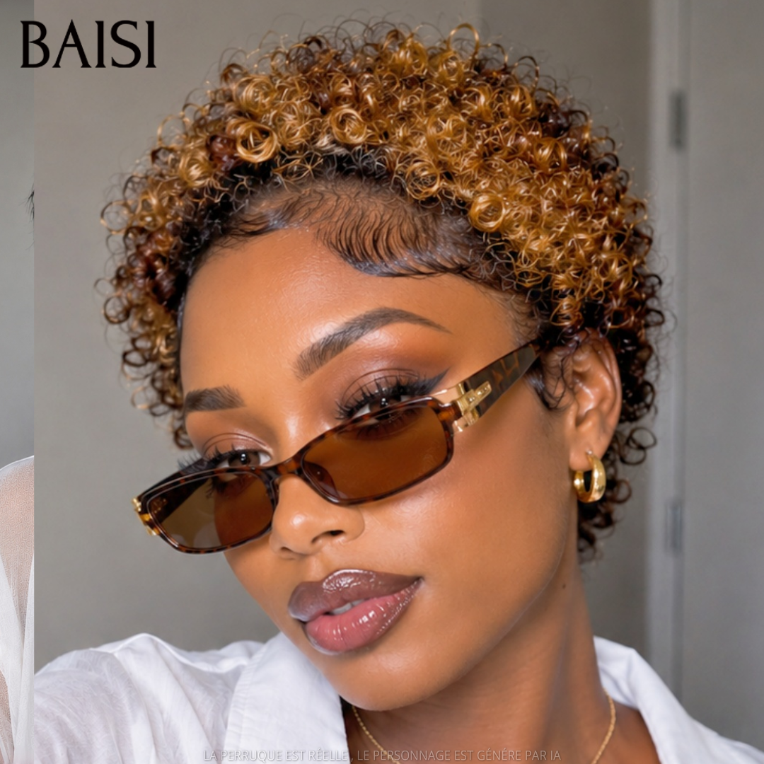 BAISI Lot 2 perruques Pixie Courte Lisse noir 1B# + Curly Marron Clair 1B/33# Petit Prix Fou 66€ Seulement Sans colle Sans Lace en 100% Cheveux Humains