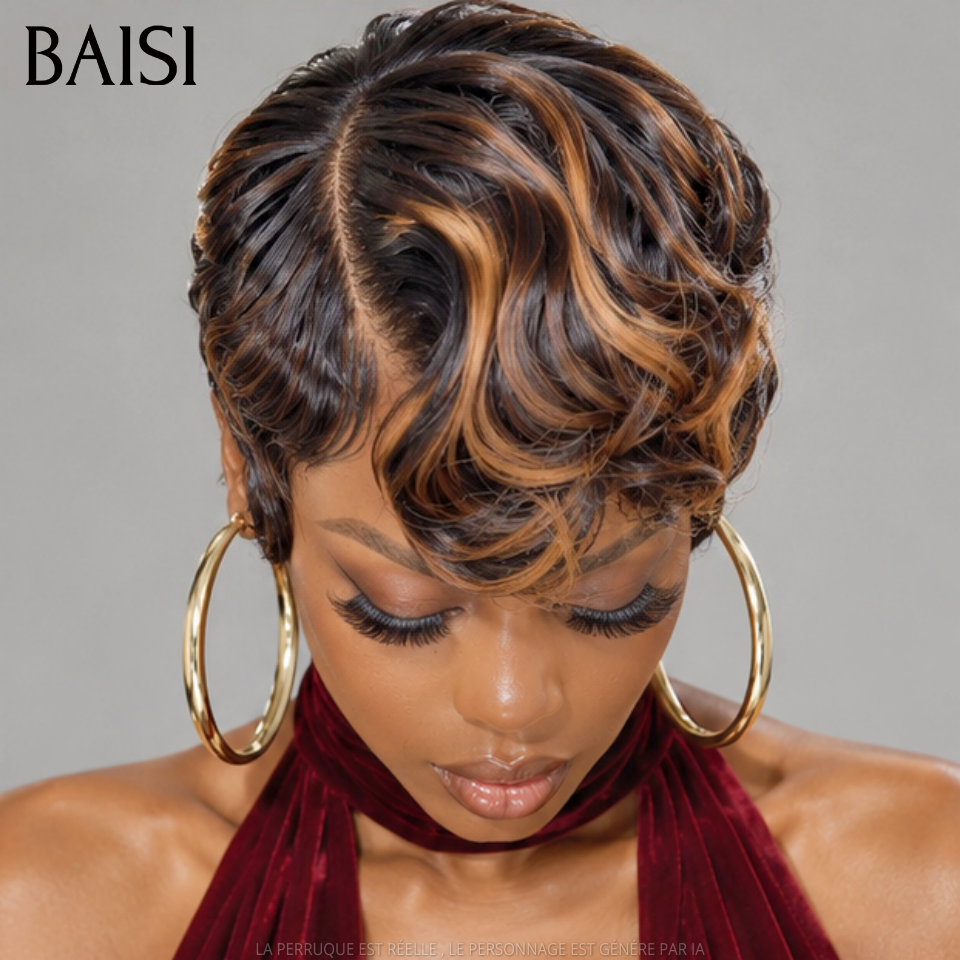 BAISI 13x4 Lace Perruque Pixie Courte Ondulée 79€ Couleur Noir et Marron 1B/33# Coiffure Tendance Avancer en Beauté en 100% Cheveux Humains