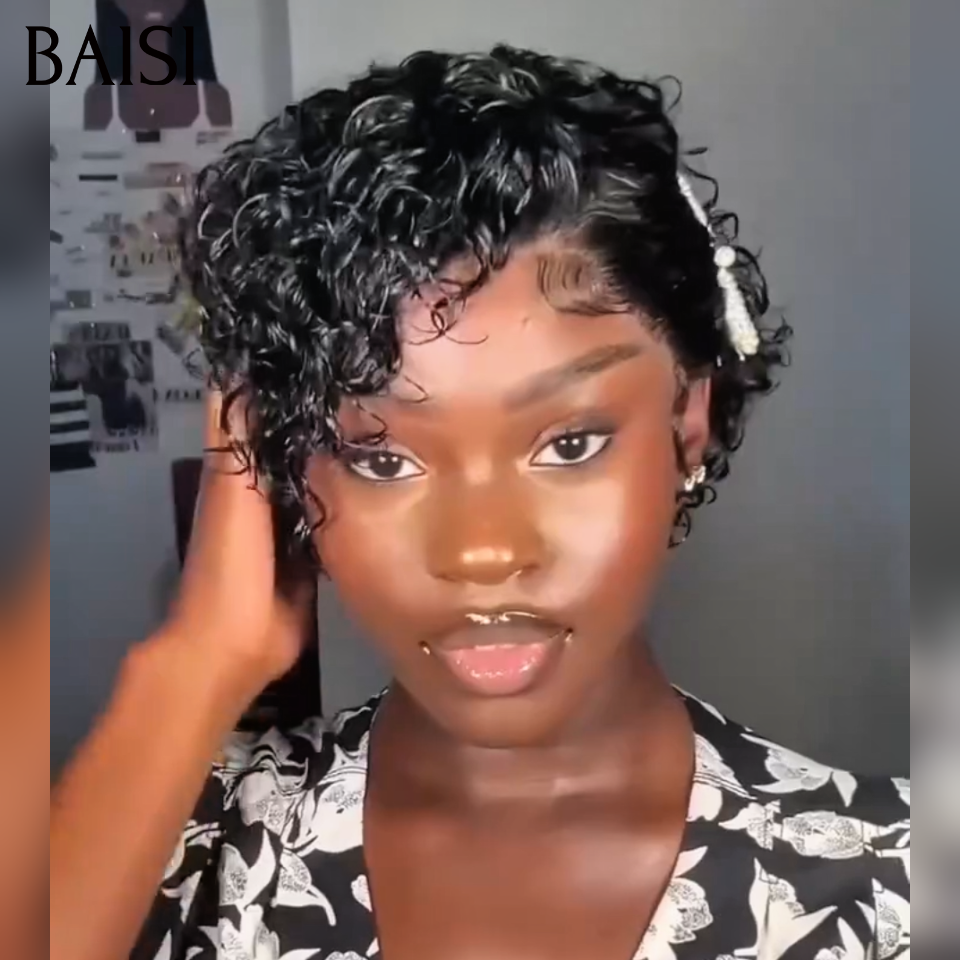 BAISI Perruque Pixie 13x4 lace frontal Curly Noir 60€ Seulement 6Pouces en 100% cheveux humains