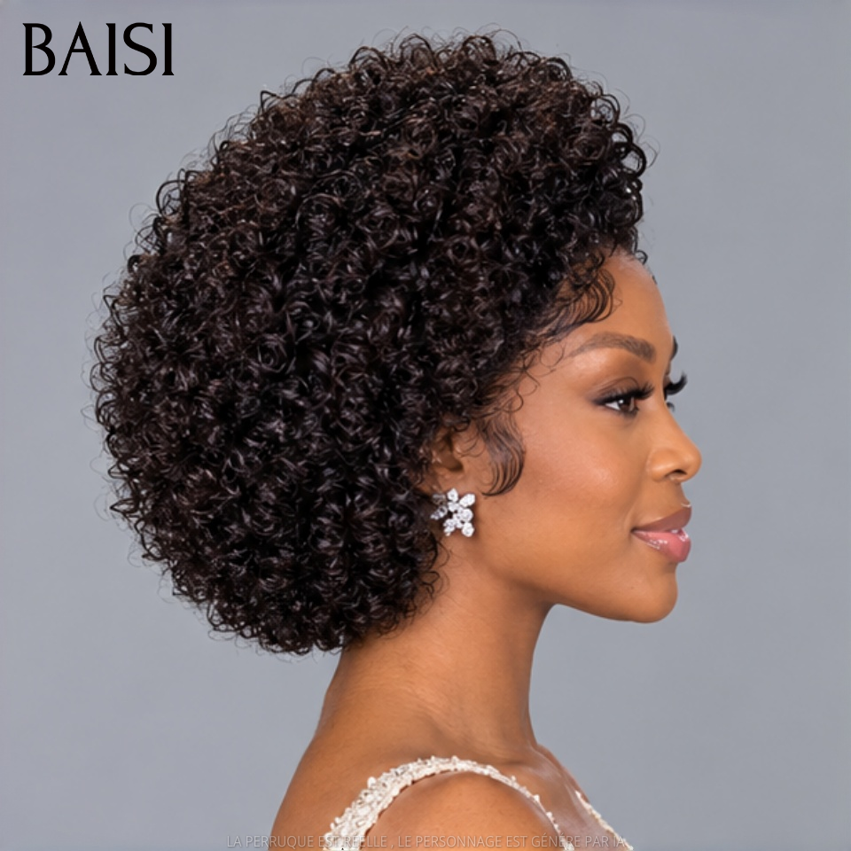 BAISI 13x4 Lace Perruque Pixie Curly 69€ Seulement Couleur Noir 1B# Avec Raie de Côté Qualité Enviante en 100% Cheveux humains