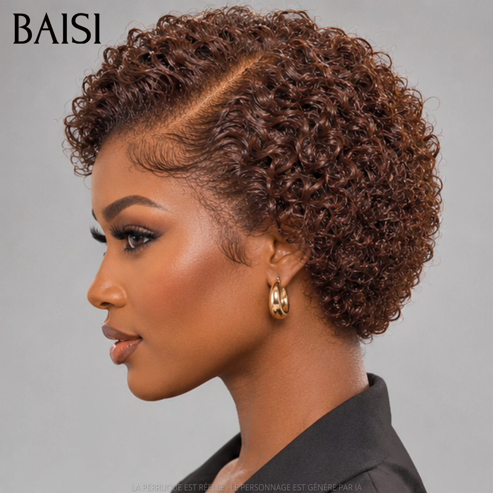 BAISI 13X4 Lace Perruque Pixie Curly Courte 69€ Couleur Marron 4# Très Bonne Qualité en 100% Cheveux Humains
