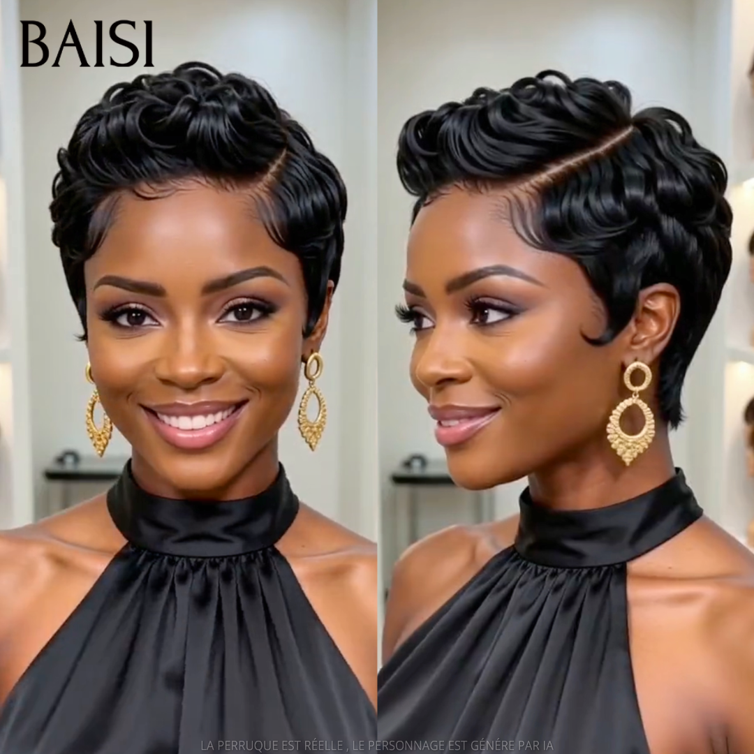 BAISI 13x4 Lace Perruque Pixie Wave Couleur Noir 1B# 60€ Petite Coupe Coquête en 100% Cheveux humains