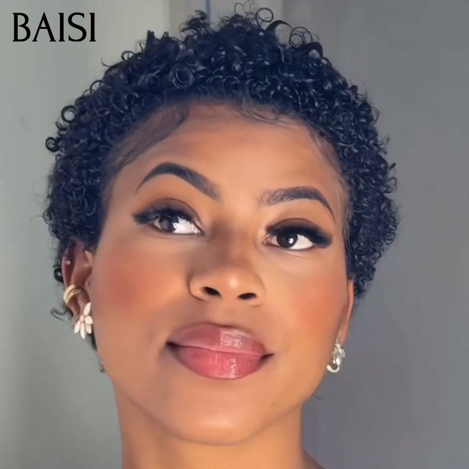 BAISI Pixie Petite Coupe Curly en Lace 13x4 Frontal 75€ Seulement Prix Imbattable Modèle Unique En 100% Cheveux Humains