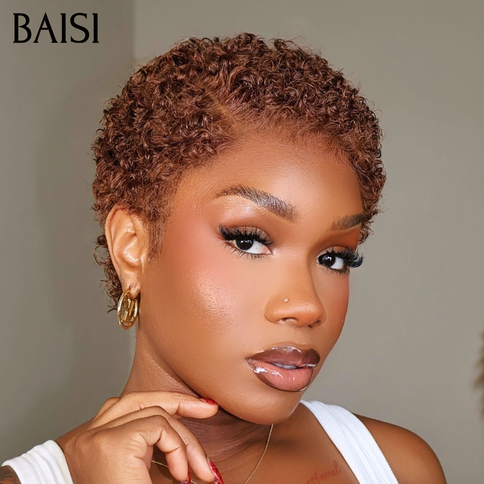 BAISI 13x4 LAce Pixie Afro Curly Couleur Marron 4# 66€ Petite Coupe Elégante et Charmante Pour l'Eté En 100% Cheveux Humains