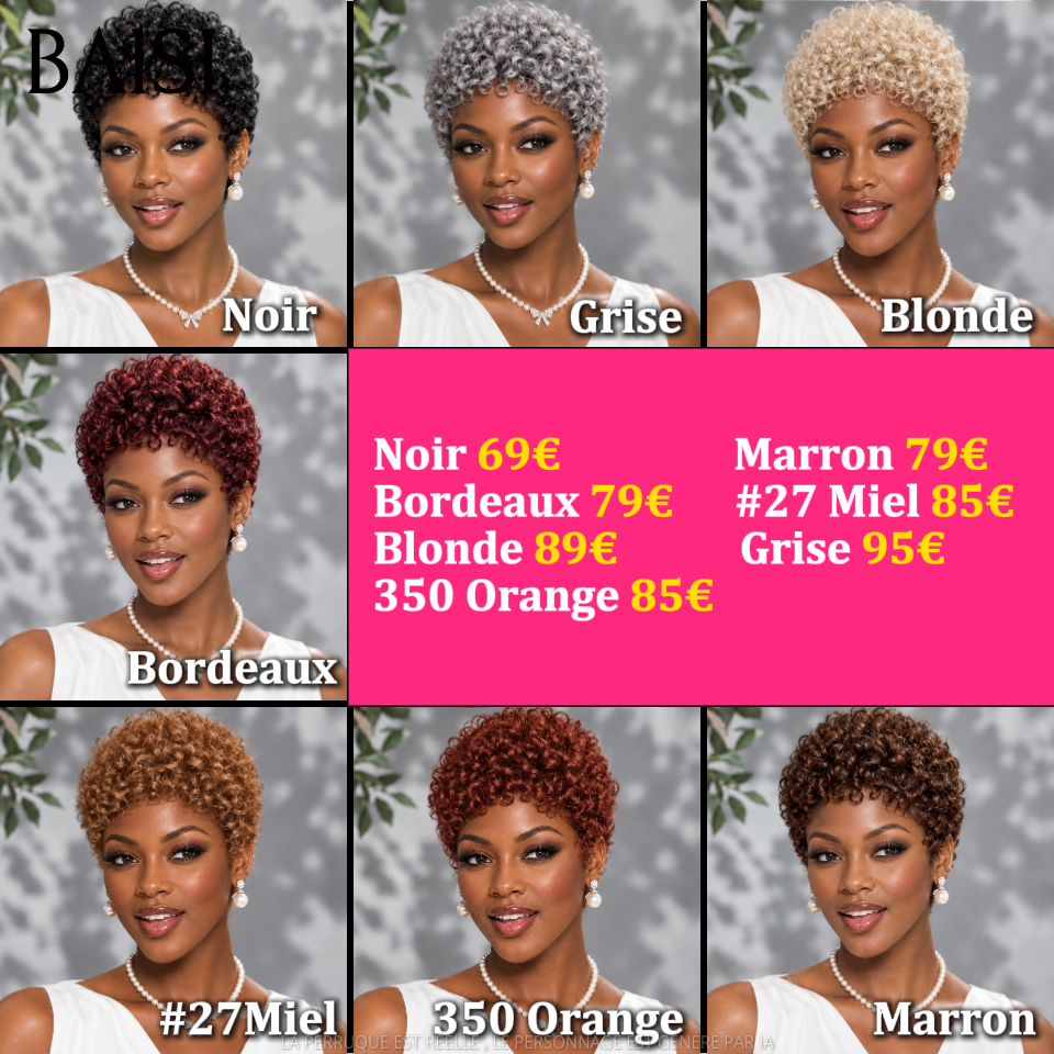 BAISI Perruque Pixie Petite Coupe Curly Toutes les Couleurs Sans colle Sans Lace Parfaitement Adaptée Très Bonne qualité en 100% Cheveux humains
