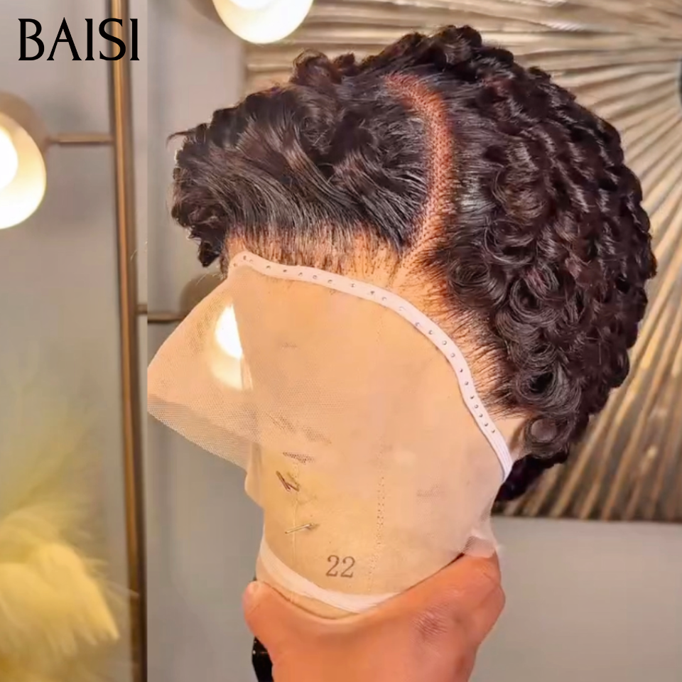 BAISI 13X4 lace Coupe Pixie Curly Wave Noir ou Pixie Lisse Couleur Marron Raie Bien Définie Look Parfait en 100% Vrais Cheveux Humains