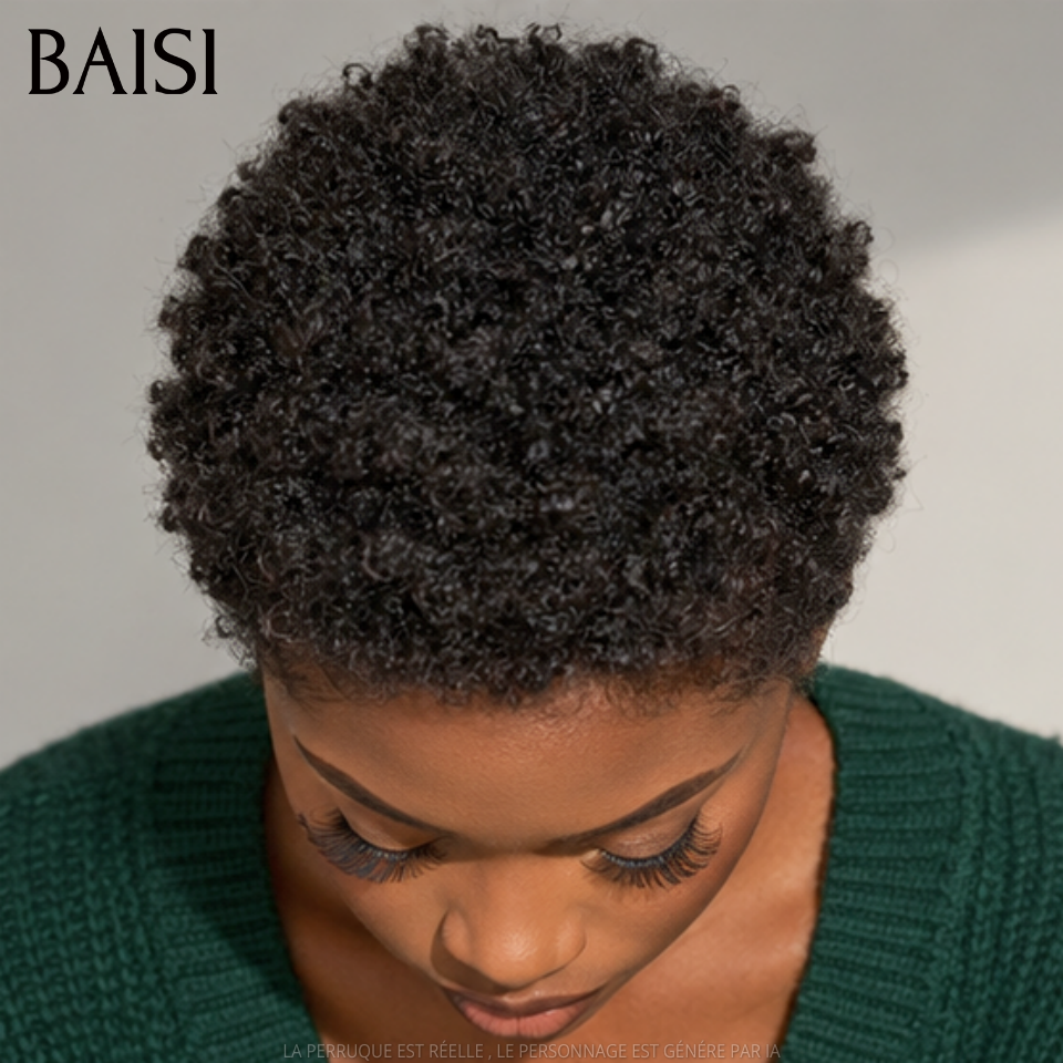 BAISI pixie Perruque sans colle afro curly en France 40€ 200% Densité en 100% Cheveux humains