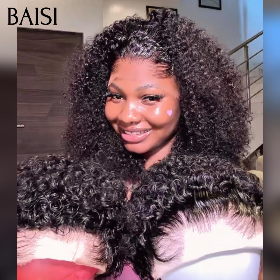 BAISI 13x4 Lace Perruque Kinky Curly Pixie Courte 6pouces ou Longue 20pouces Couleur Noir 1B# en 100% vrais cheveux humains
