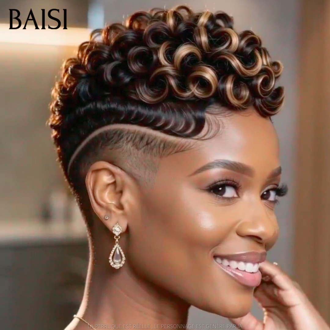 BAISI Perruque Pixie Lisse Noir Ombré Marron 1B/4# 68€ Sans Colle Sans Lace Couleurs Trois Tons Original en 100% Cheveux humains