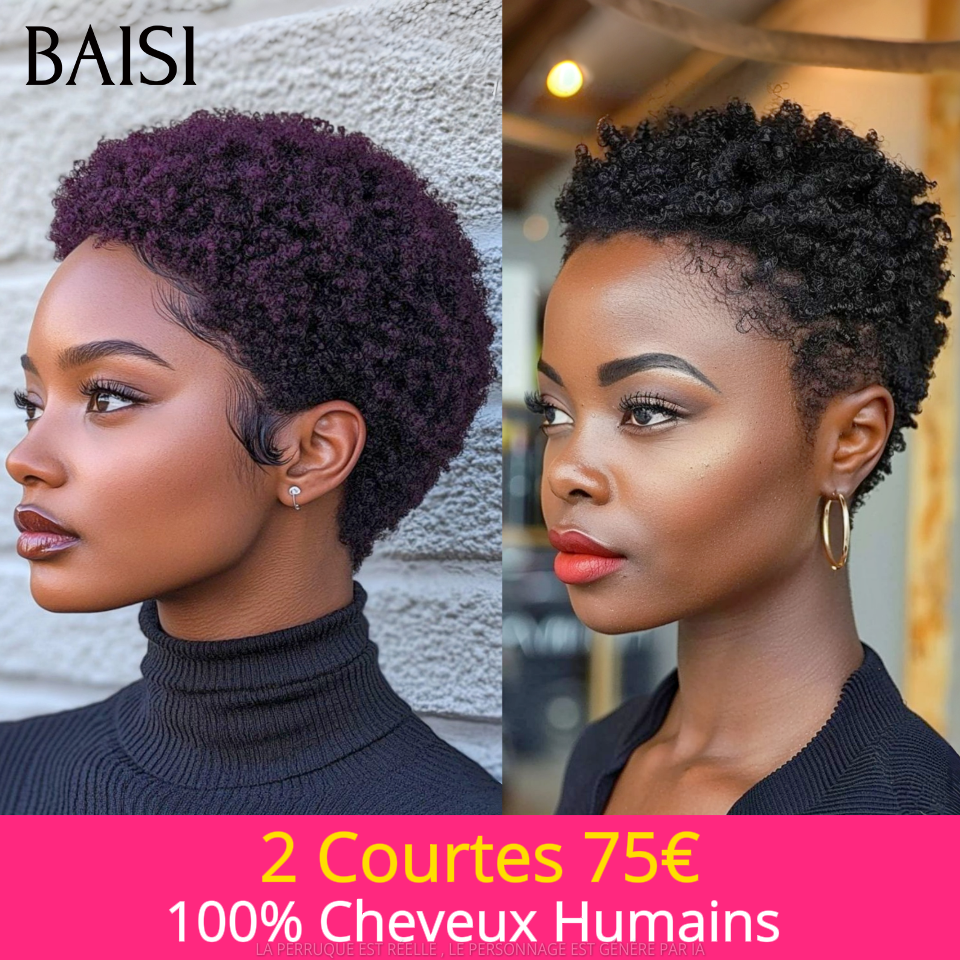 BAISI 2 Courtes 75€ pixie afro Sans Colle ou 2 Perruques sans colle Body wave et curly wave 18 pouces en 100% vrais cheveux humains VIP150