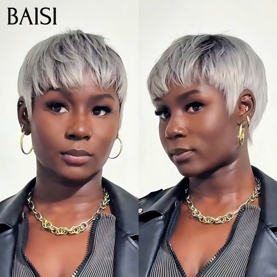 BAISI 13x4 Lace Perruque Pixie Courte Grise Lisse 99€ Pratique et Confort Ou Perruque Lisse DE luxe Bob 2x6 Lace 100% Vietnam Hair en Couleurs personnalisées SDD BONE STRAIGHT 10 Pouces 100€ En 100% Vrais Cheveux Humains
