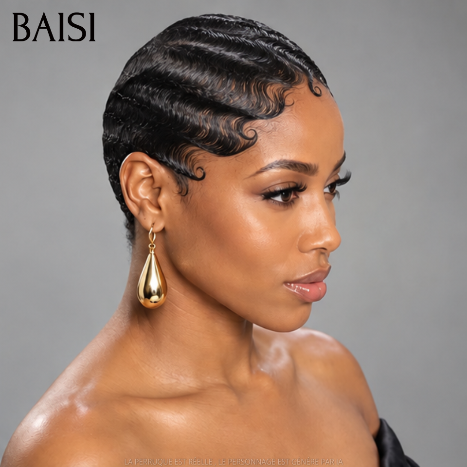 BAISI Full Lace Perruque Pixie Wave Déjà Coiffée Couleur Noir 1B# 139€ 100% Identique Spécialement Légère en 100% Cheveux humains