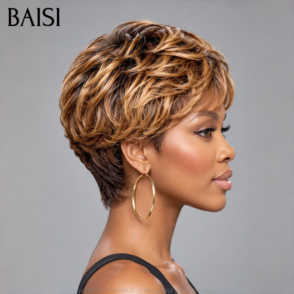 BAISI Perruque Pixie Lisse Courte Couleur Mixte Miel 4/27# 89€ Sans Colle Sans Lace Porter en Toute Légèreté en 100% Cheveux Humains