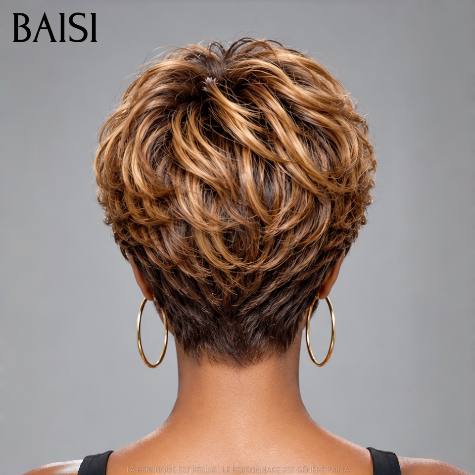 BAISI Perruque Pixie Lisse Courte Couleur Mixte Miel 4/27# 89€ Sans Colle Sans Lace Porter en Toute Légèreté en 100% Cheveux Humains