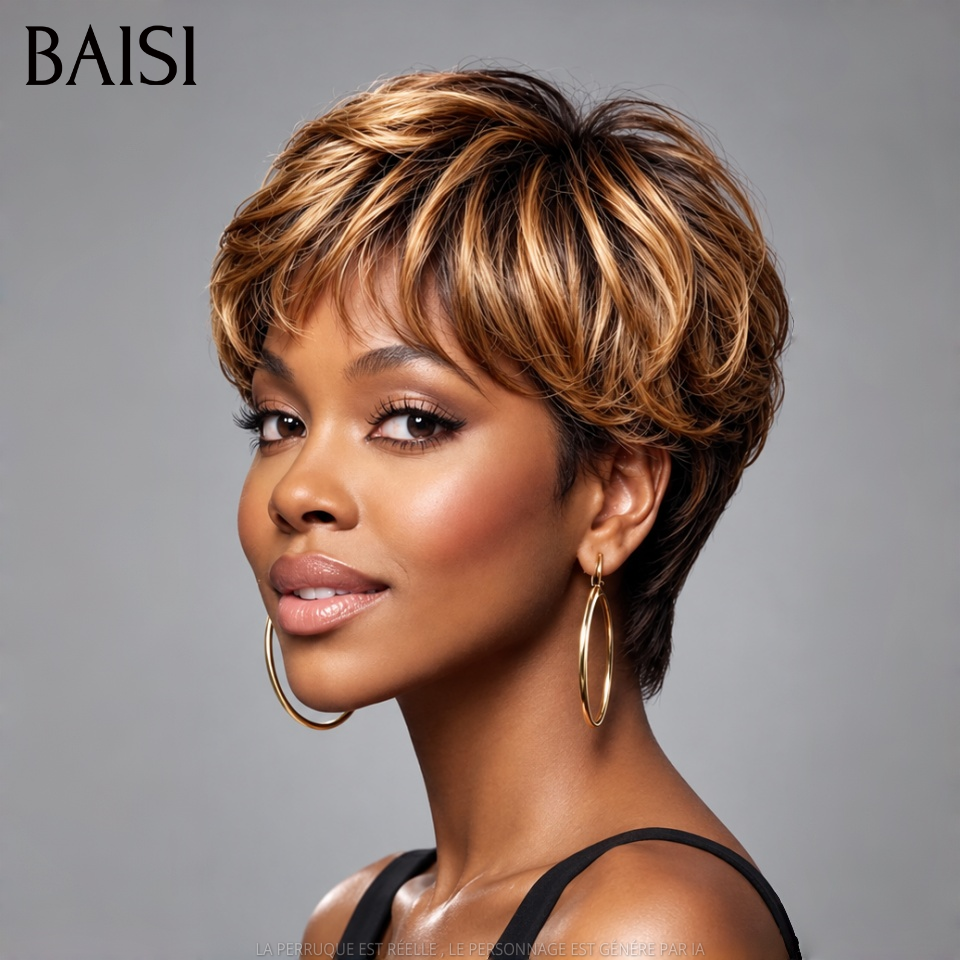 BAISI Perruque Pixie Lisse Courte Couleur Mixte Miel 4/27# 89€ Sans Colle Sans Lace Porter en Toute Légèreté en 100% Cheveux Humains