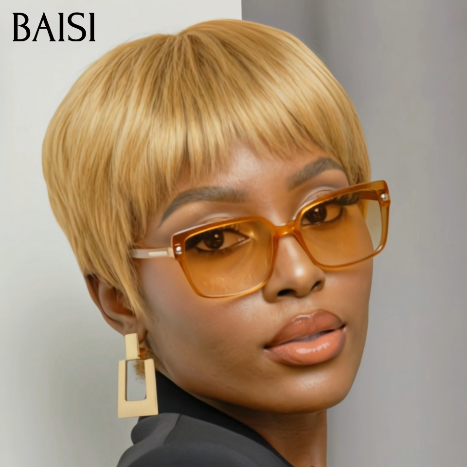BAISI Perruque Pixie Lisse Courte 45€ Couleur Marron Doré 27# Sans Colle Sans Lace Facile A Porter en 100% Cheveux humains
