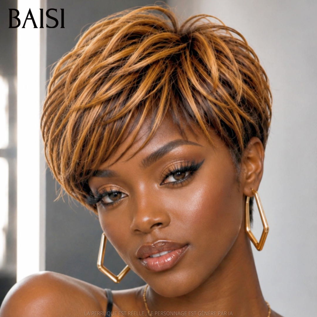 BAISI Lot de 2 Perruques Pixie Lisse Miel et Marron 89€ Sans Colle Sans Lace 100% Identique en 100% Cheveux humains