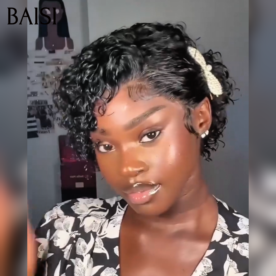 BAISI Perruque Pixie 13x4 lace frontal Curly Noir 60€ Seulement 6Pouces en 100% cheveux humains