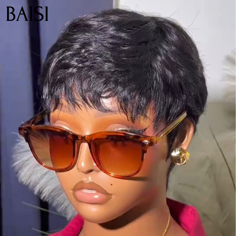BAISI Pixie Perruque Courte Sans Colle Sans Lace Noir 39€ Ou 13x4 Lace Frontale #996 6 Pouces #4/#350 Orange Mix Marron 68€ en 100% Cheveux Humains
