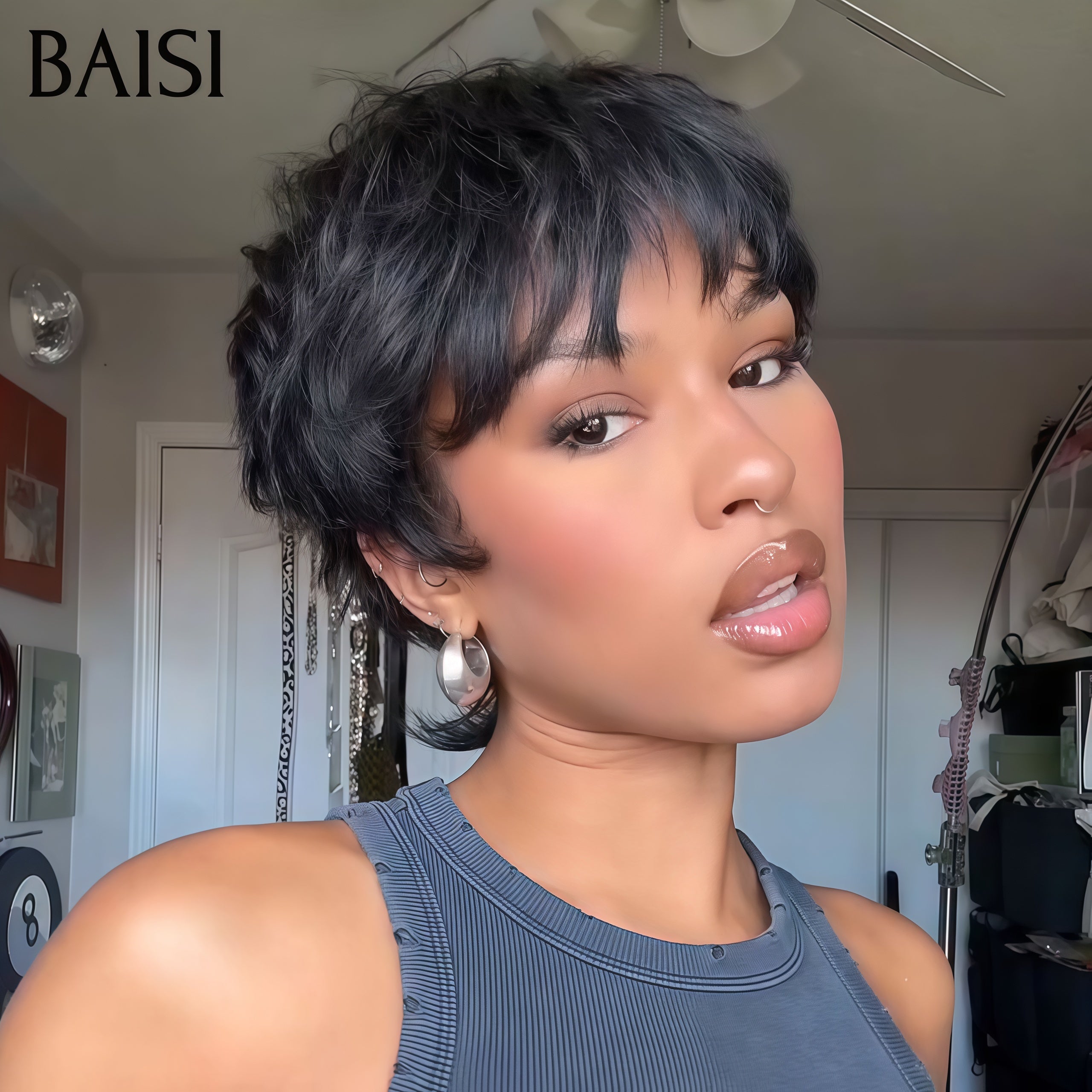 BAISI Perruque Pixie Courte Lisse Noir Sans Colle Sans Lace 48€ Ou Pixie Afro Curl 13x4 lace frontal bouclé partout Couleur Bordeaux 99j 63€ en 100% cheveux humains F-905